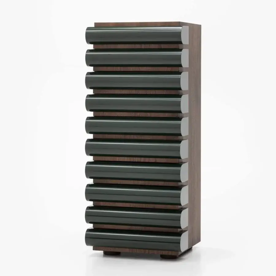 Distinguished Acerbis Storet dresser with black ash veneer and cylindrical drawer mouldings in glossy dark green lacquer