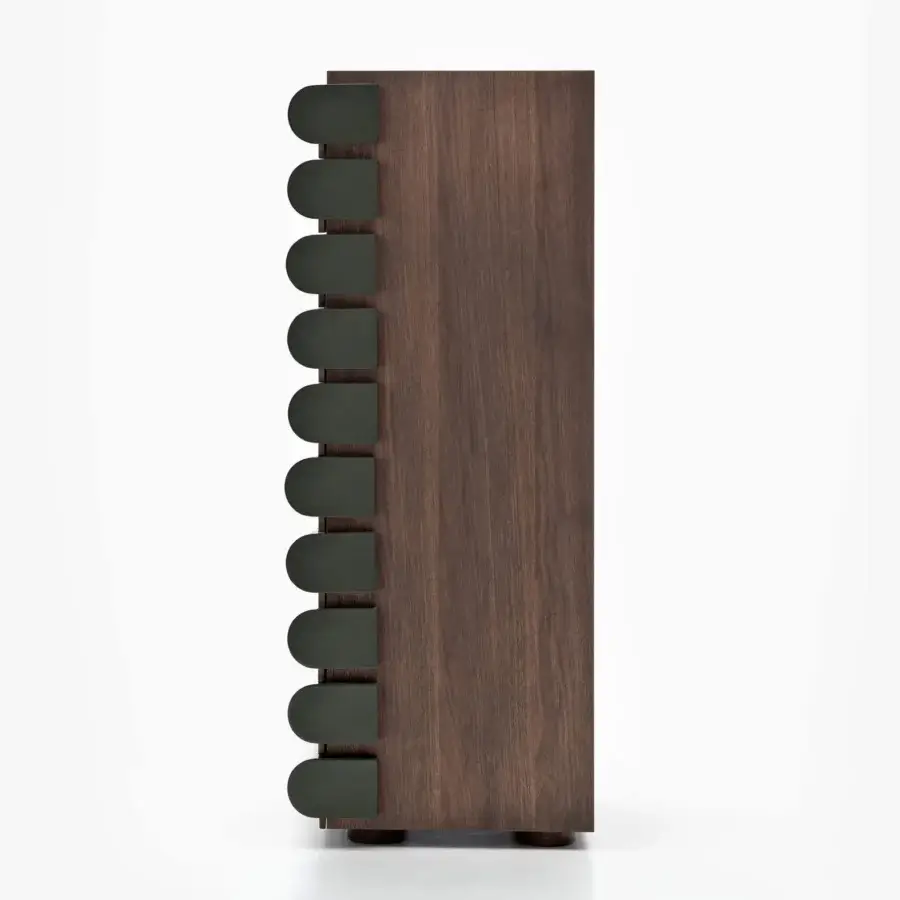 Sophisticated Acerbis Storet dresser crafted in medium density wood fiber with brushed black ash veneer and glossy dark green drawer mouldings