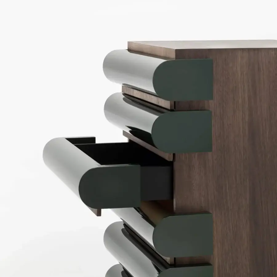 Distinguished Acerbis Storet dresser built with medium density wood fiber and open grain brushed veneer, showcasing dark walnut with glossy dark green cylinders