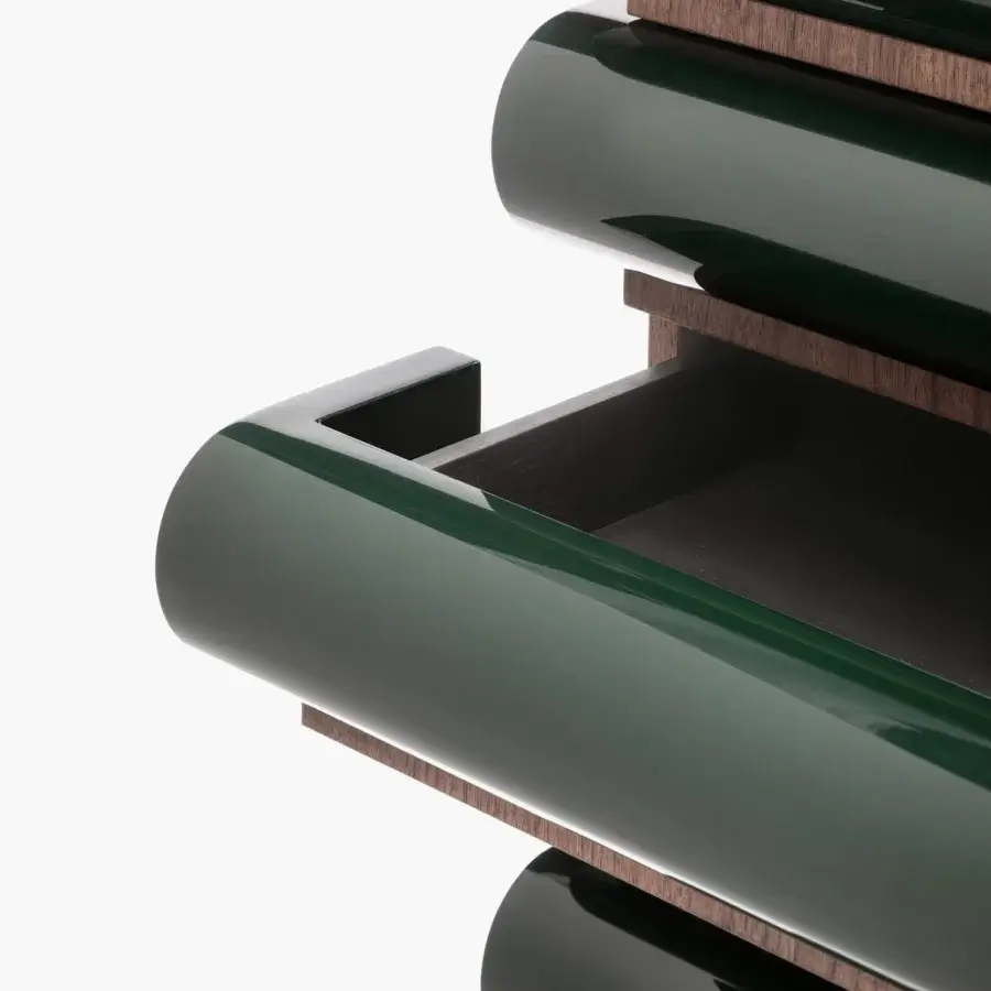 Exceptional Acerbis Storet dresser built with dark green lacquered drawer mouldings and open grain brushed veneer