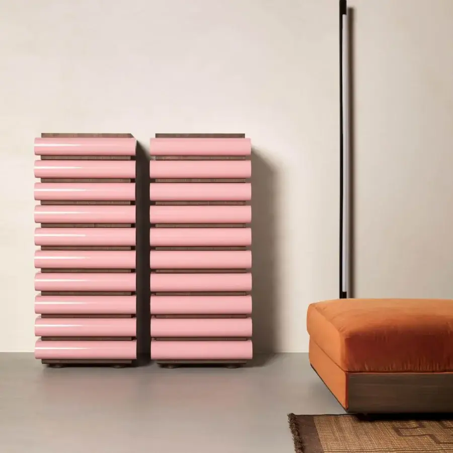 Distinguished Acerbis Storet dresser crafted from medium density wood fibre with brushed black ash veneer and glossy light pink lacquered drawer mouldings