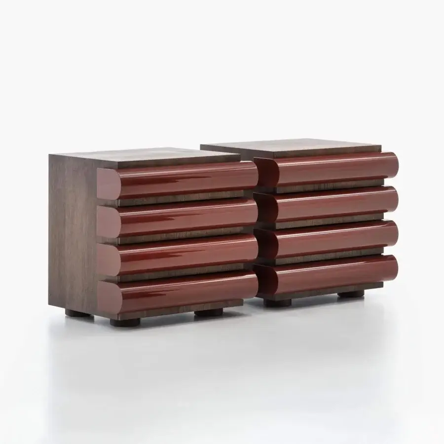 Distinguished Acerbis Storet nightstand built with dark stained walnut veneer and reddish-brown glossy lacquered moulding