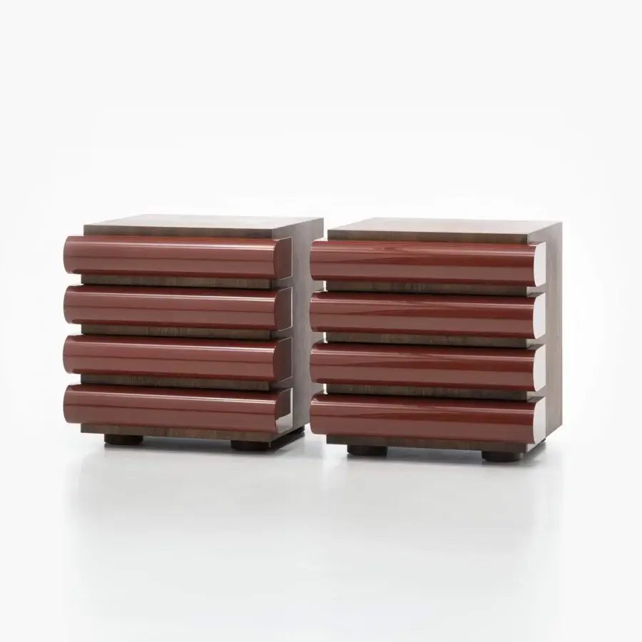 Exceptional Acerbis Storet nightstand crafted from medium density wood fibre with dark stained walnut and reddish-brown lacquered moulding