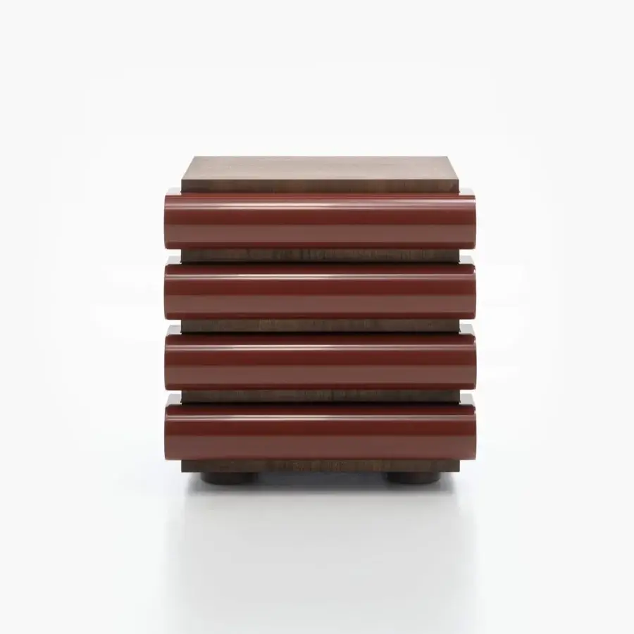 Sophisticated Acerbis Storet nightstand crafted from medium density wood fibre with dark stained walnut veneer and glossy reddish-brown lacquered mouldings