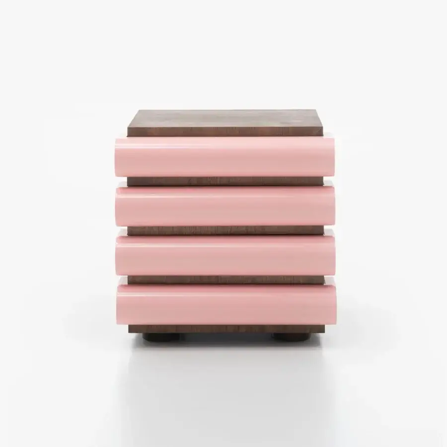 Elegant Acerbis Storet nightstand crafted from medium density wood fibre with dark stained walnut veneer and glossy light pink drawer mouldings