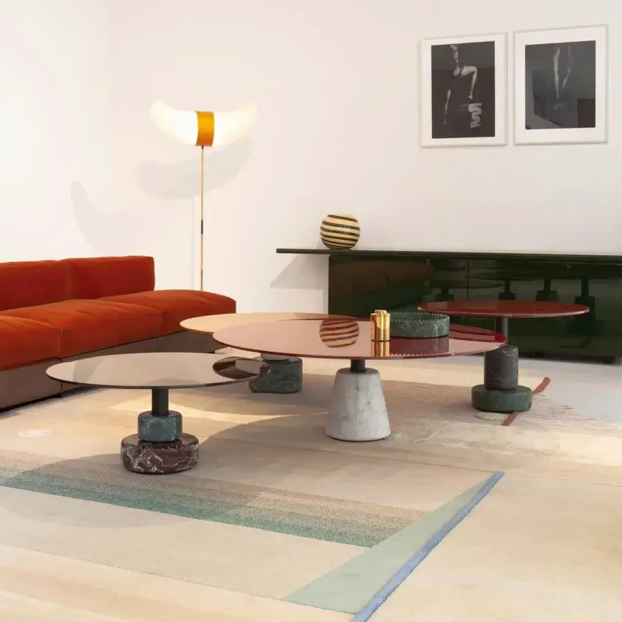 Distinguished Acerbis Menhir coffee table with taupe glossy lacquered wood top and Alpi green marble base in black matte epoxy powder coating
