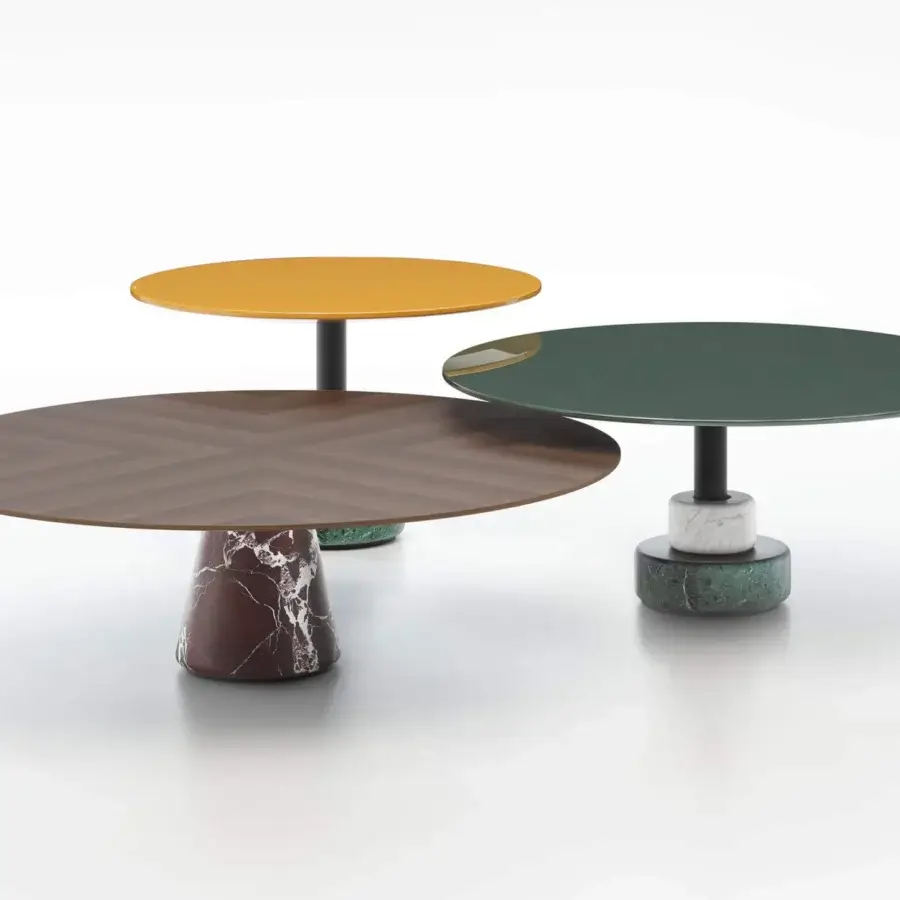 Elegant Acerbis Menhir coffee table with chevron inlaid black ash wood top and reddish-brown Levanto red marble base in matt finish
