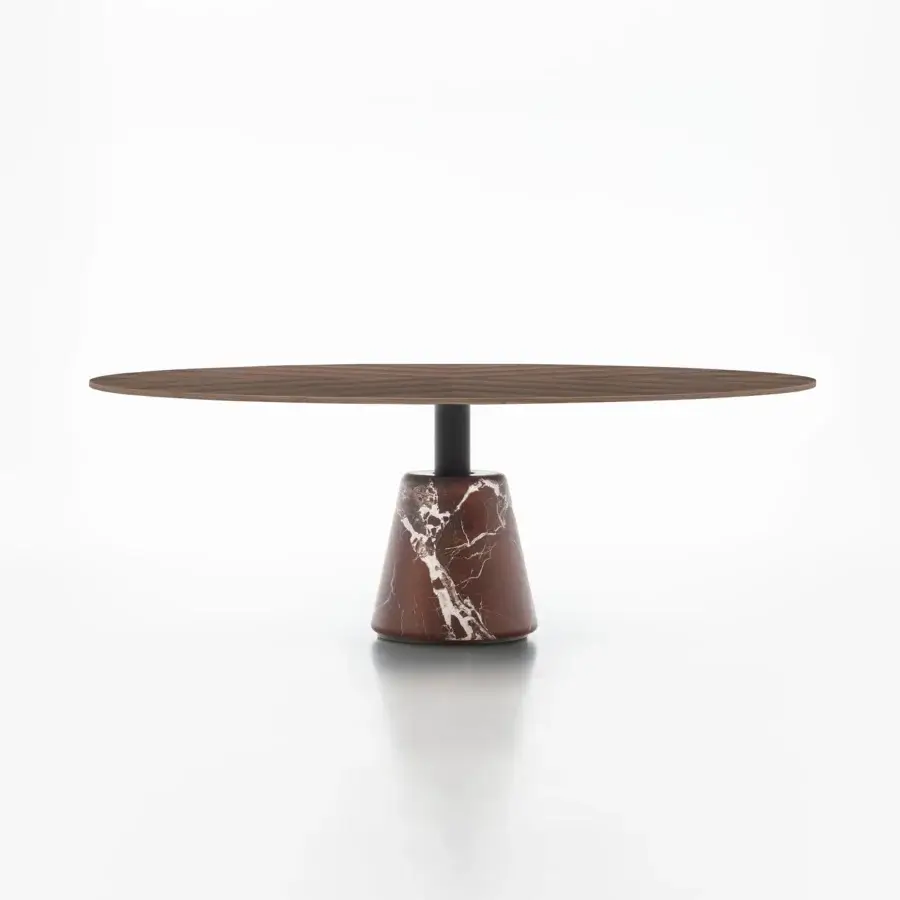 Distinguished Acerbis Menhir coffee table with elliptical brown wood top and Levanto red marble base in matte and powder coated finishes