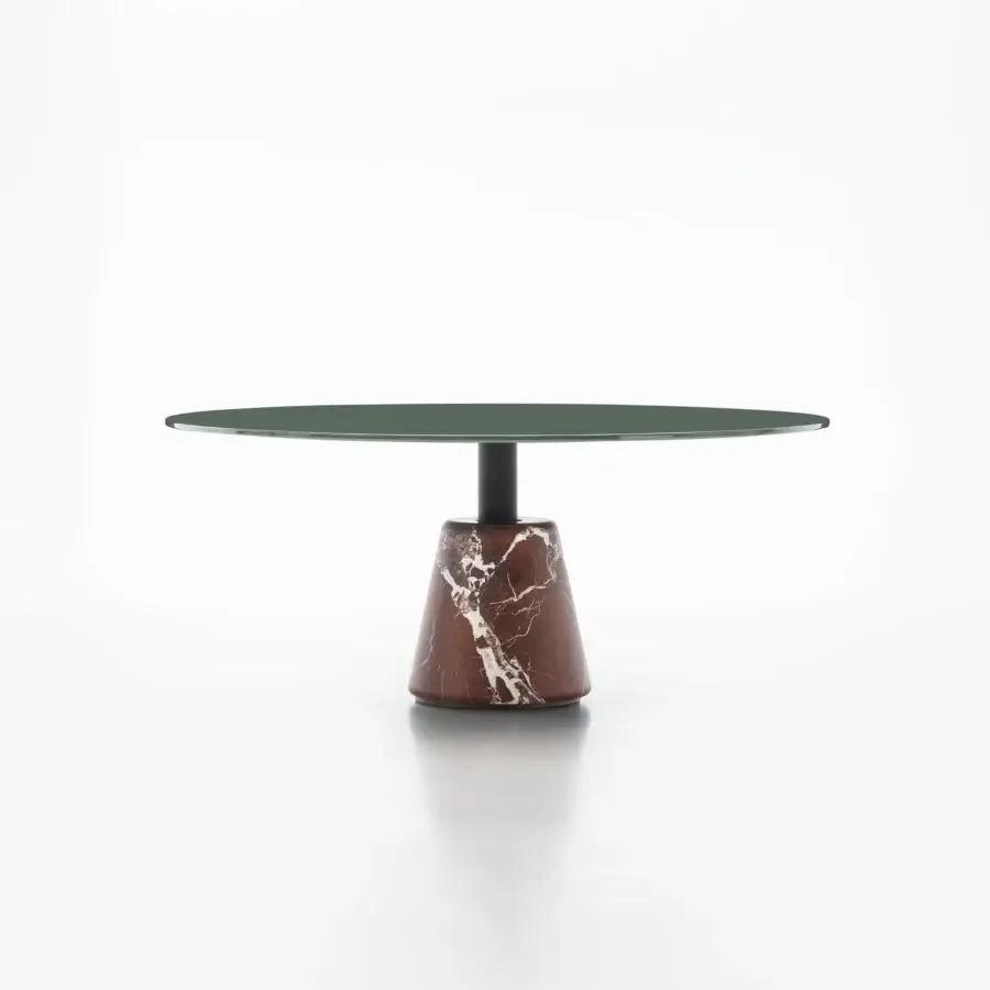 Exceptional Acerbis Menhir coffee table with glossy lacquered green wood top and Levanto red marble drum base in a black matt epoxy powder coated steel column