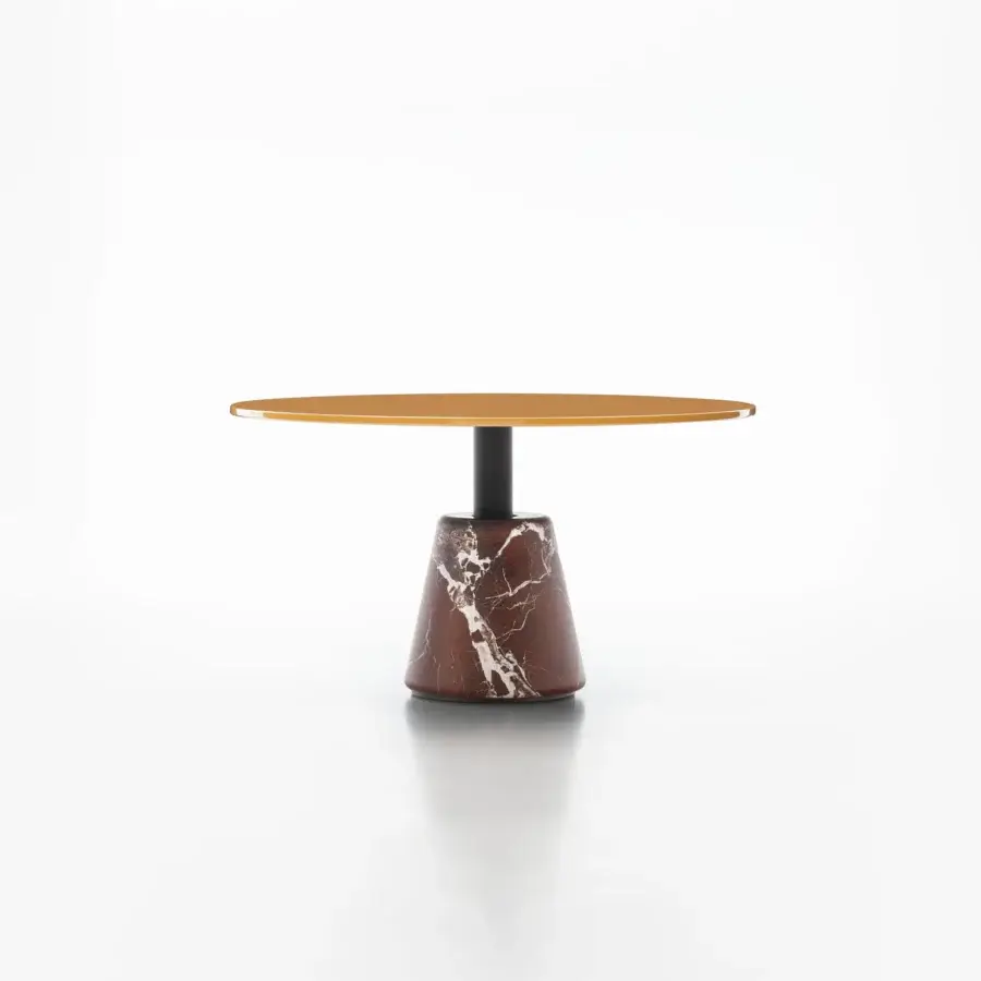 Distinguished Acerbis Menhir coffee table with glossy lacquered wood top and Levanto red matt marble base crafted in epoxy powder coated steel