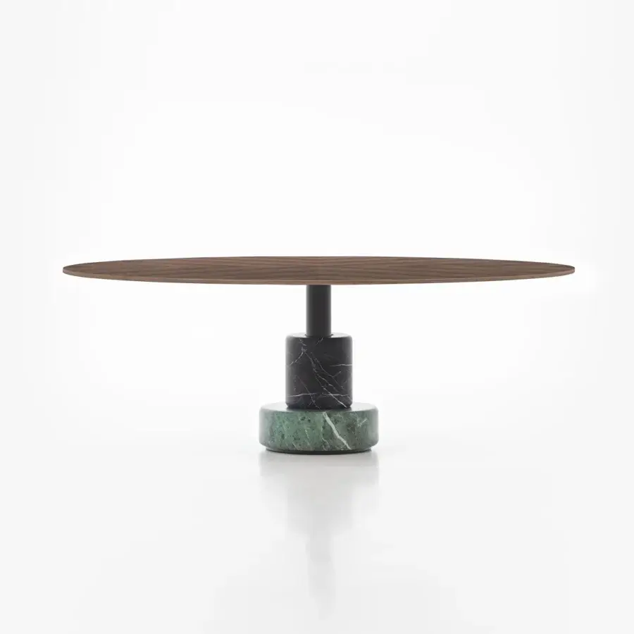 Sophisticated Acerbis Menhir coffee table with a round wood top and stacked Marquinia black and Alpi green marble base in matt finish