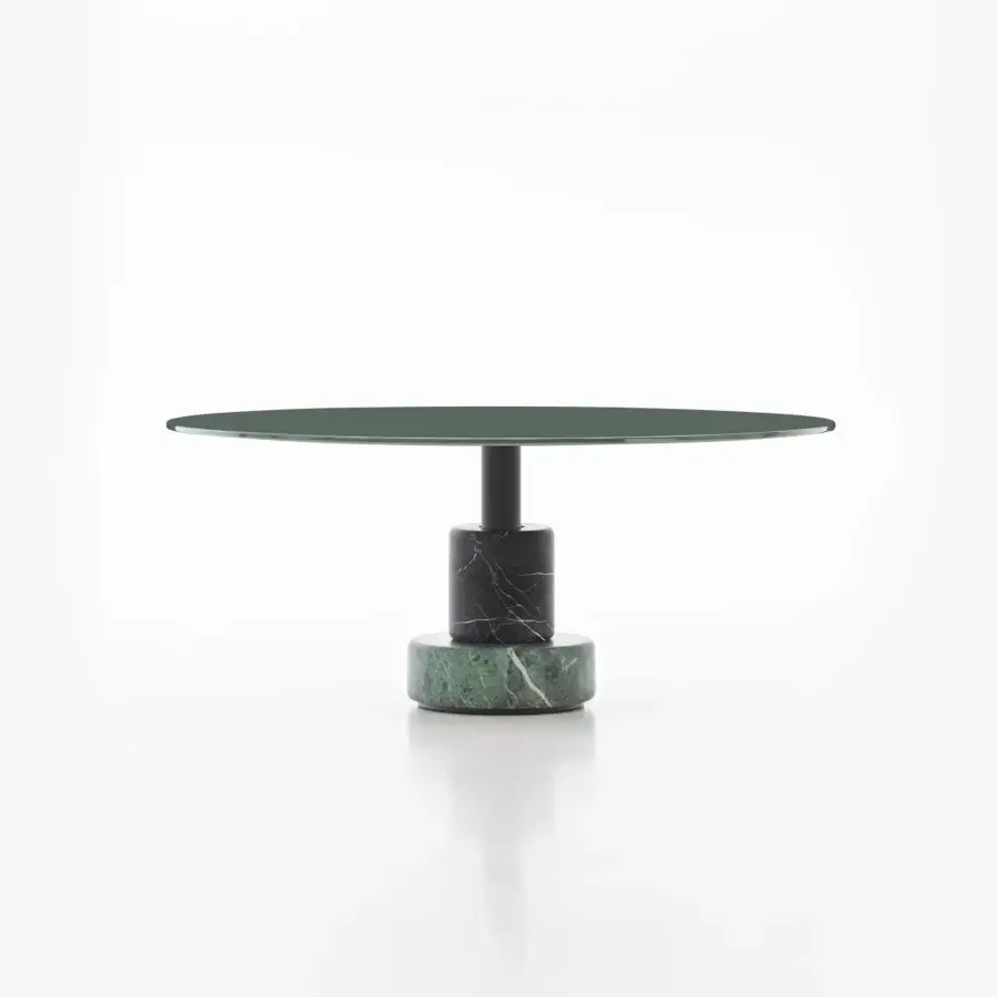 Distinguished Acerbis Menhir coffee table with a glossy lacquered dark green wood top and stacked Marquinia black and Alpi green marble drums
