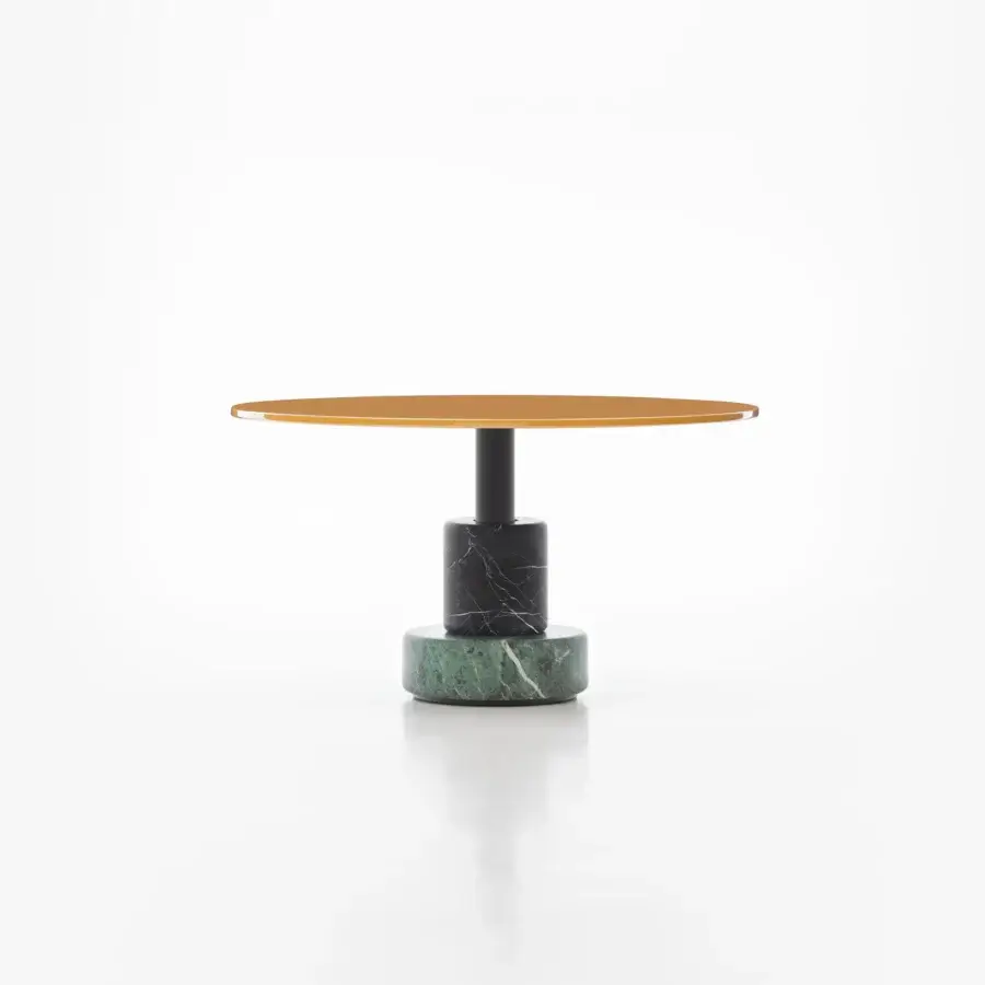 Exclusive Acerbis Menhir coffee table with a glossy lacquered golden-yellow wood top and black marble drums in matt finish