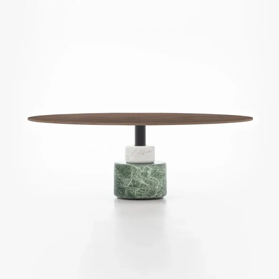 Distinguished Acerbis Menhir coffee table with a glossy lacquered wood top and Carrara Statuario white with Alpi green marble base