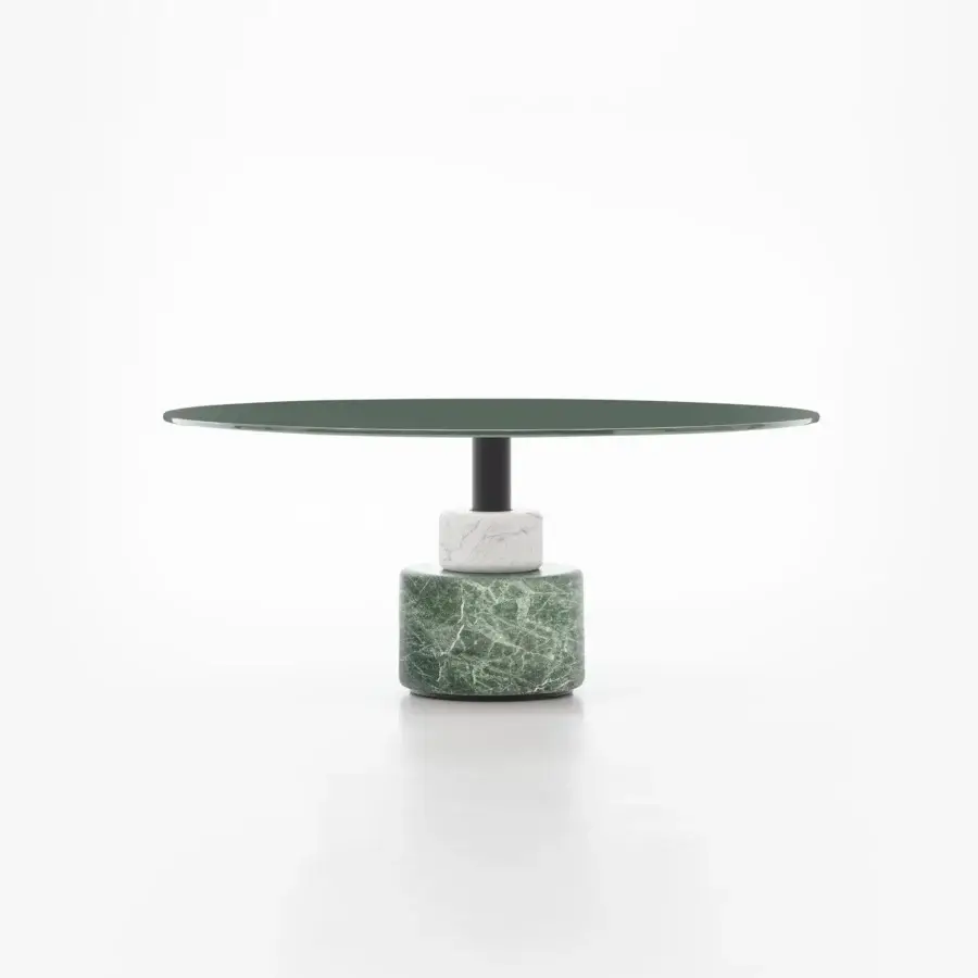 Exceptional Acerbis Menhir coffee table with a glossy lacquered dark green wood top and stacked Levanto red and Carrara Statuario white marble base
