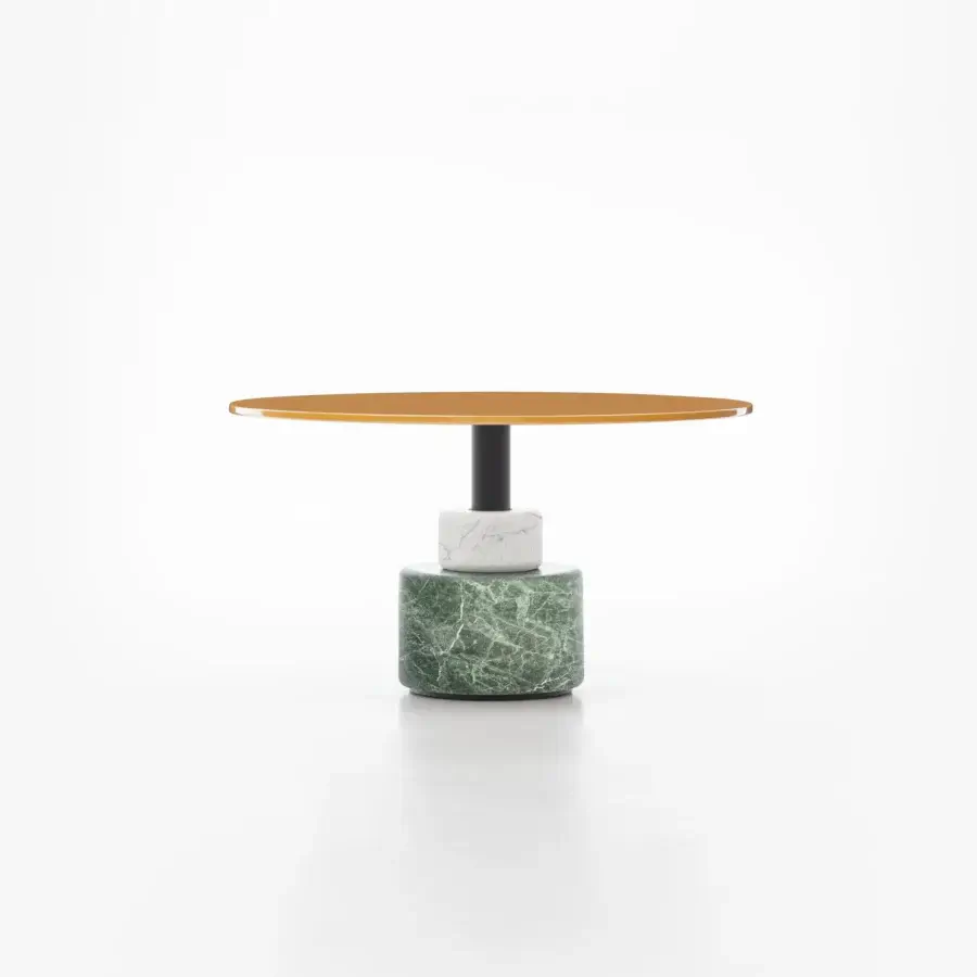 Distinguished Acerbis Menhir coffee table with a glossy lacquered golden wood top and stacked Alpi green and Carrara Statuario white marble drums in matt finish