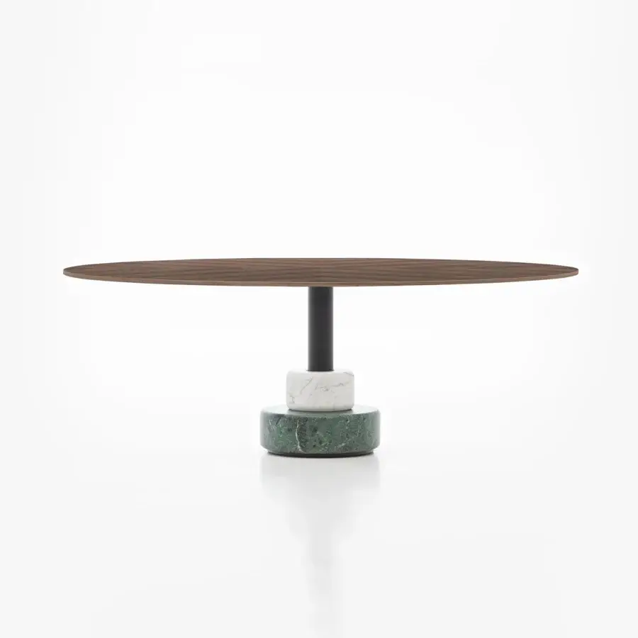 Superior Acerbis Menhir coffee table with a brown walnut veneer top and sculptural base built with Carrara Statuario and green Alpi marble in matt epoxy powder coating
