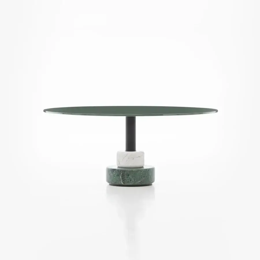 Distinguished Acerbis Menhir coffee table with a glossy lacquered dark green wood top and green Alpi marble base in black epoxy powder coating