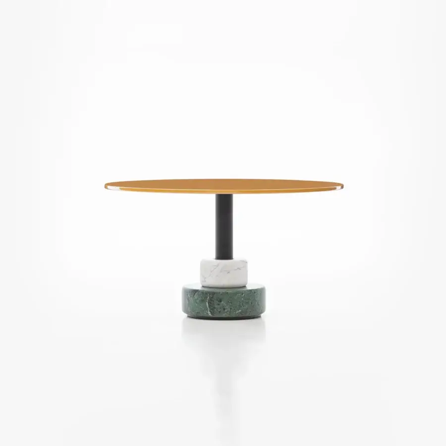 Innovative Acerbis Menhir coffee table with a gold lacquered wood top and stacked Carrara Statuario white with Alpi green marble base