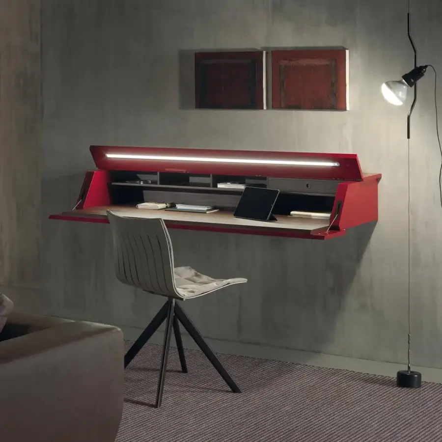 Distinguished Acerbis Ghostwriter desk with red glossy lacquered wood and dark stained walnut interior built with a Dual-Flap system