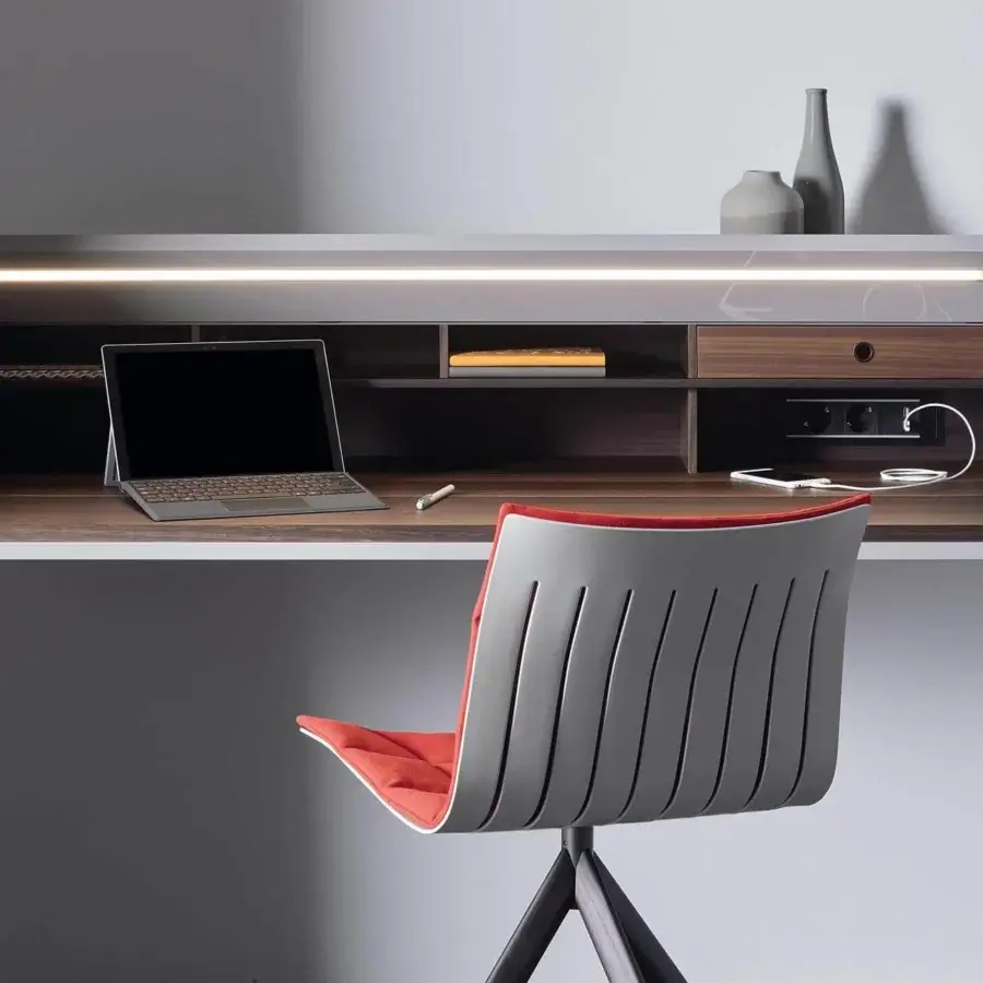 Exceptional Acerbis Ghostwriter desk in glossy lacquered wood with dark stained walnut interior and integrated LED illumination