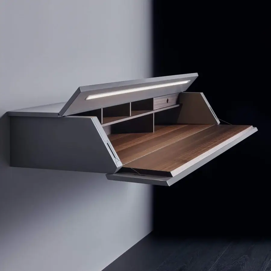 Elegant Acerbis Ghostwriter desk in matt lacquered grey wood with dark stained walnut shelving and built-in illumination