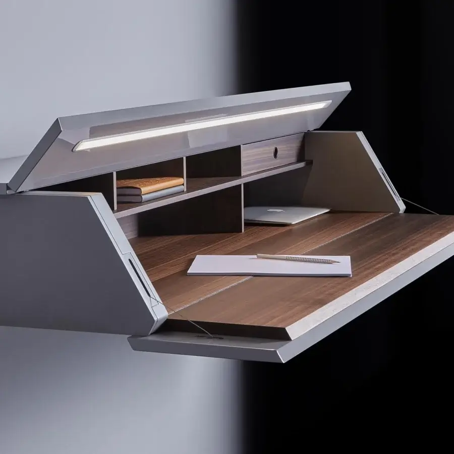 Distinguished Acerbis Ghostwriter desk crafted in glossy lacquered wood with a dark stained walnut interior and integrated illumination
