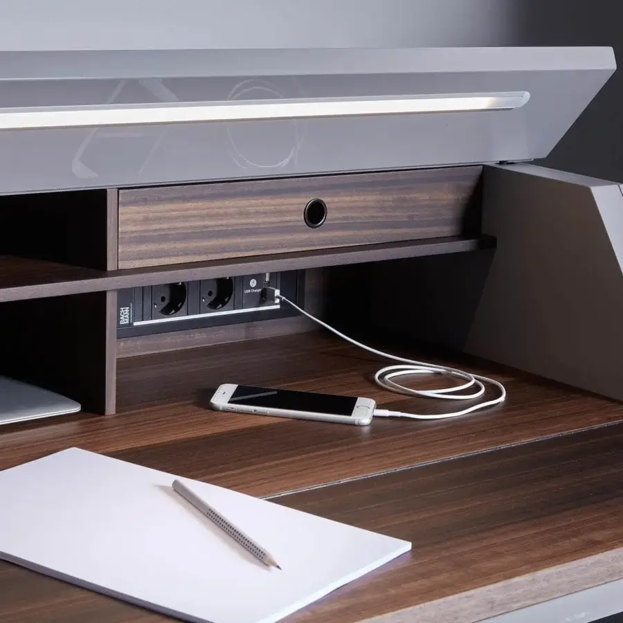 Superior Acerbis Ghostwriter desk in light gray and dark brown with walnut wood interior and integrated LED lamp