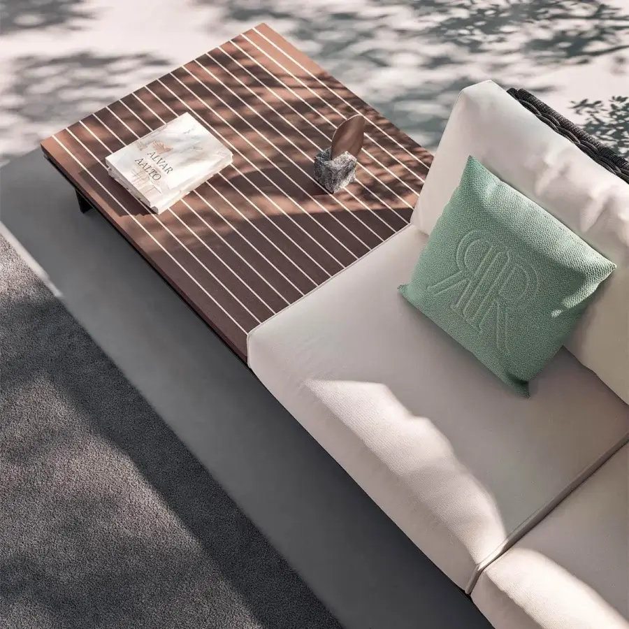 Exceptional Rugiano Memphis sofa with woven bronze metal base, hand-braided grey rope and light cream fabric upholstery with a green accent pillow