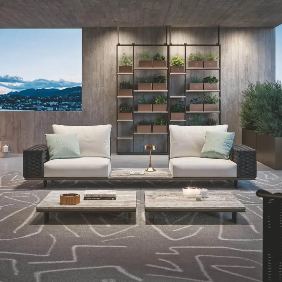 Superior Rugiano Memphis sofa with bronze metal woven in grey hand-braided rope and comfortable light fabric cushions