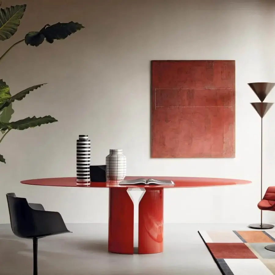 Distinguished MDF Italia NVL table with a glossy red lacquered medium-density fibreboard top and rigid polyurethane bases crafted in Italy