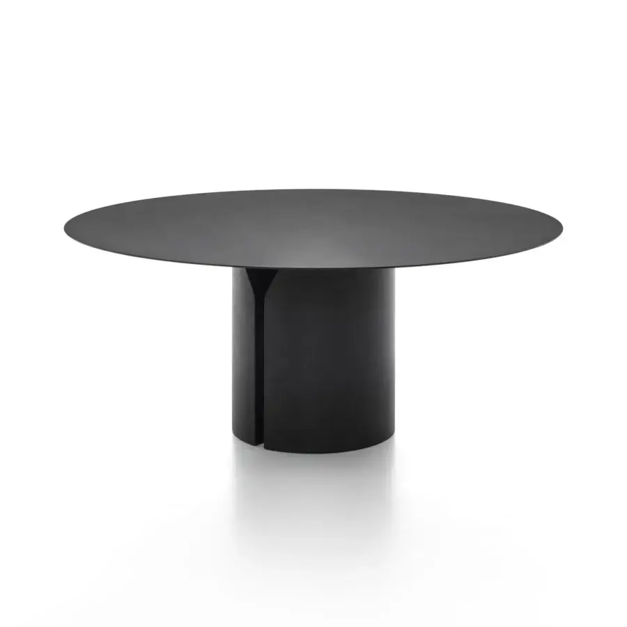 Architectural MDF Italia NVL table with a round top and cylindrical base crafted in matte black lacquered rigid polyurethane