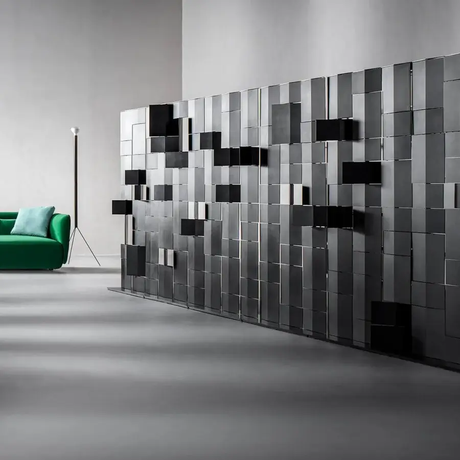 Elegant MDF Italia Divide It room divider with pivoting panels in matte black integral polyurethane and a black epoxy powder finish
