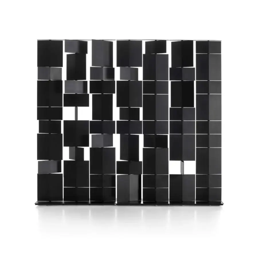Innovative MDF Italia Divide It room divider with aluminum structure and integral polyurethane swivel panels in a matt black epoxy powder coating