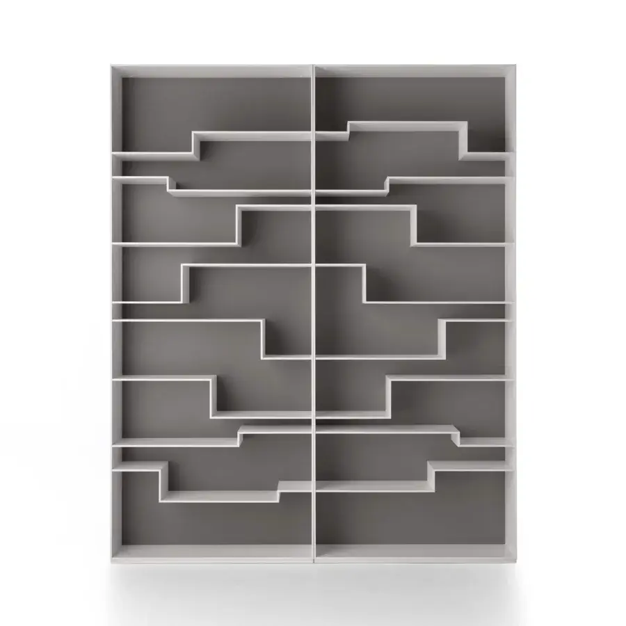 Superior MDF Italia Melody bookcase with alternating white spaces and subtle gray back panels in MD wood fibreboards with matt lacquer finish