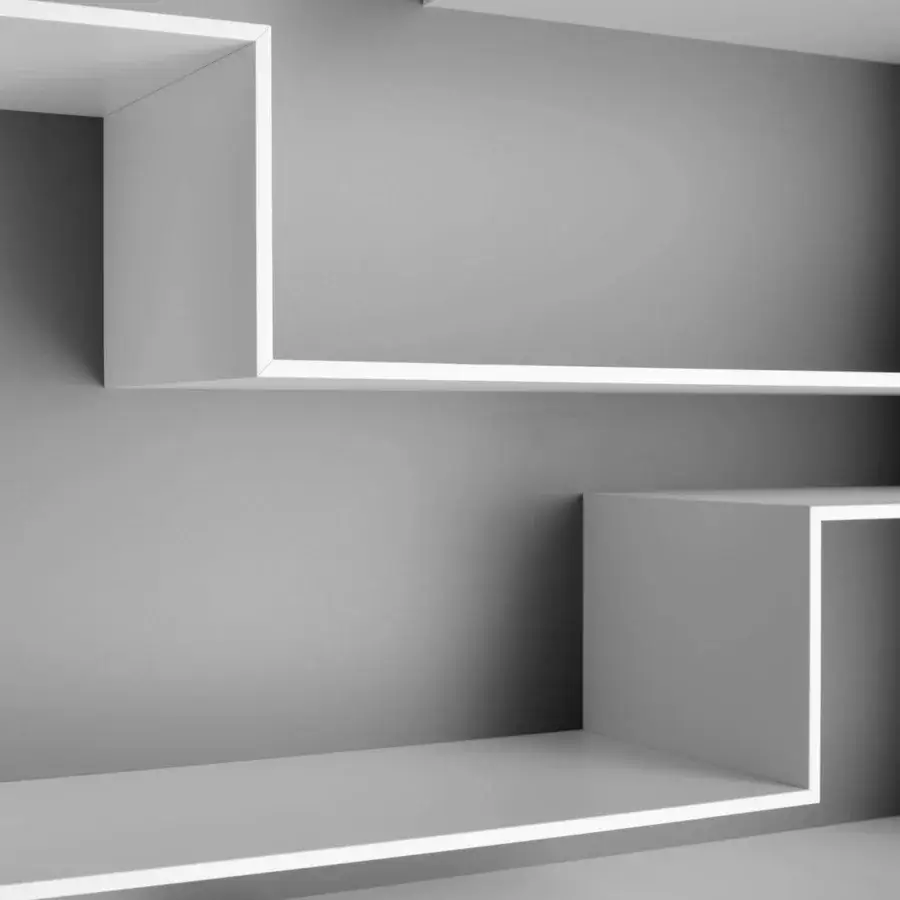 Elegant MDF Italia Melody bookcase in light gray MD wood fiberboards with goffered white lacquer finish