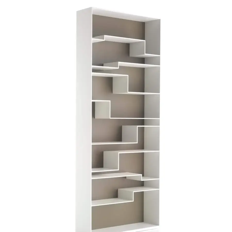 Superior MDF Italia Melody bookcase in white matt lacquered MD wood fiberboards with contrasting medium grey back panels
