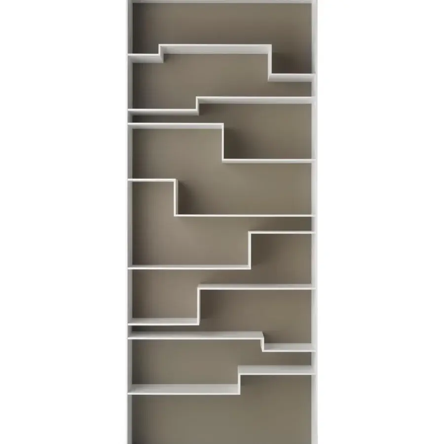 Distinguished MDF Italia Melody bookcase in white matt lacquered MD wood fiberboards with a brown painted interior and dynamic shelf arrangement
