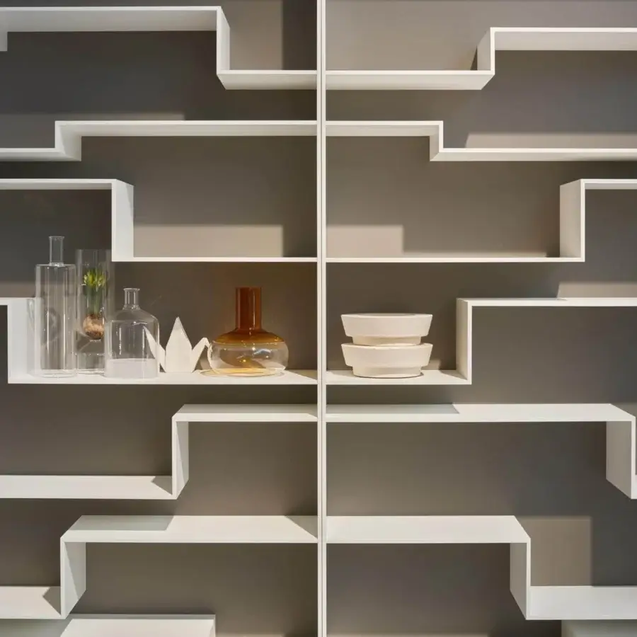 Exceptional MDF Italia Melody bookcase with staggered shelving in white matte lacquered MD wood fiberboards