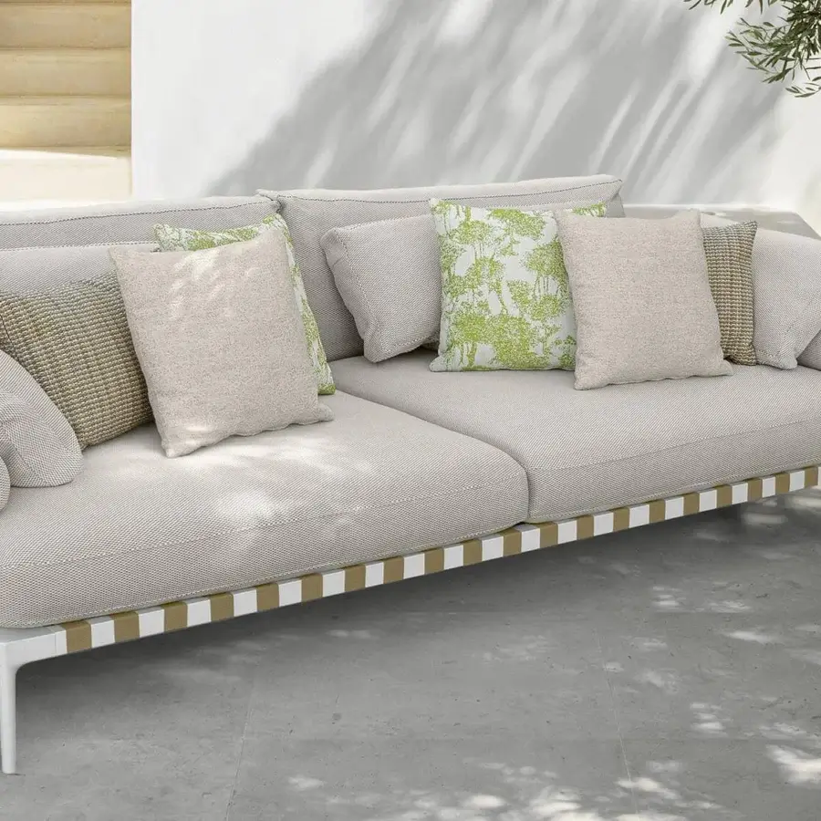 Distinguished Talenti Salinas sofa crafted with light beige woven textiles and tan woven detailing in a white frame