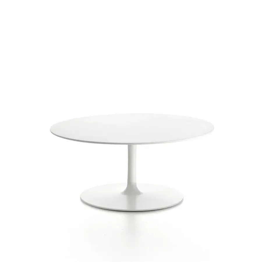 Elegant MDF Italia Flow nightstand with round white Cristalplant® top and painted aluminum base with glossy finish