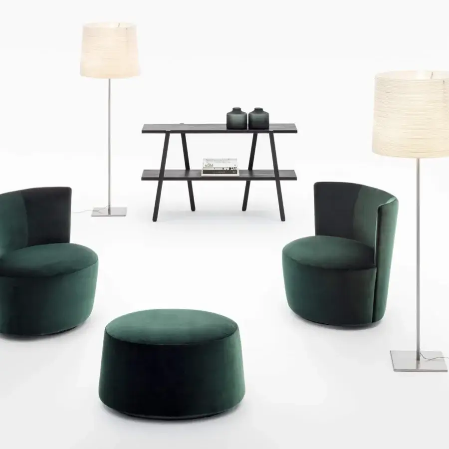 Distinguished Verzelloni Emily lounge chair with dark green textile upholstery and metal, wood, plywood structure