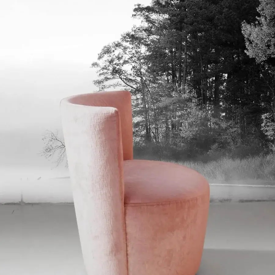 Sumptuous Verzelloni Emily lounge chair enveloped in rose textile with metal, solid wood and plywood construction