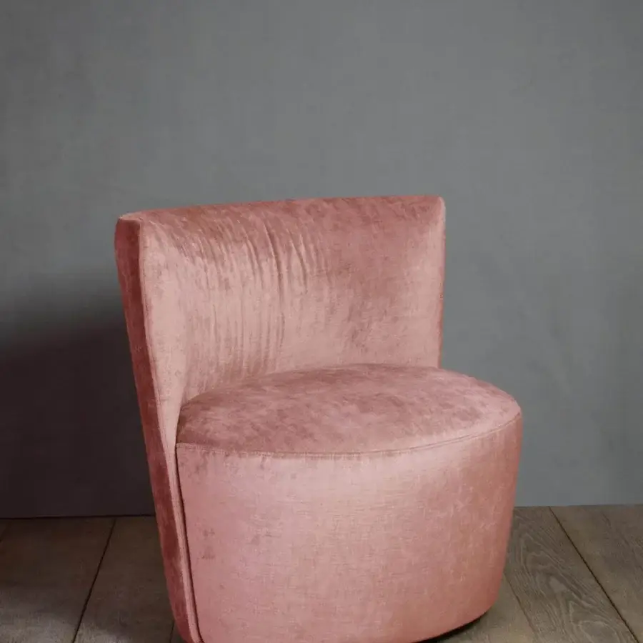 Distinguished Verzelloni Emily lounge chair in muted pink textile crafted with metal, solid wood, and plywood structure with smooth finish