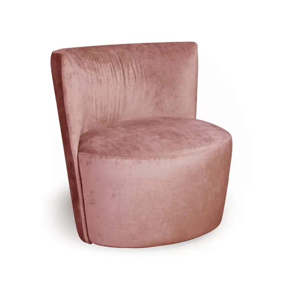 Elegant Verzelloni Emily lounge chair upholstered in dusty rose textile crafted with metal, solid wood and plywood