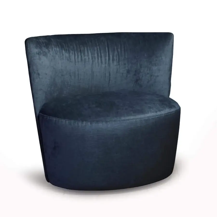 Distinguished Verzelloni Emily lounge chair upholstered in dark blue textile crafted with metal, solid wood and plywood
