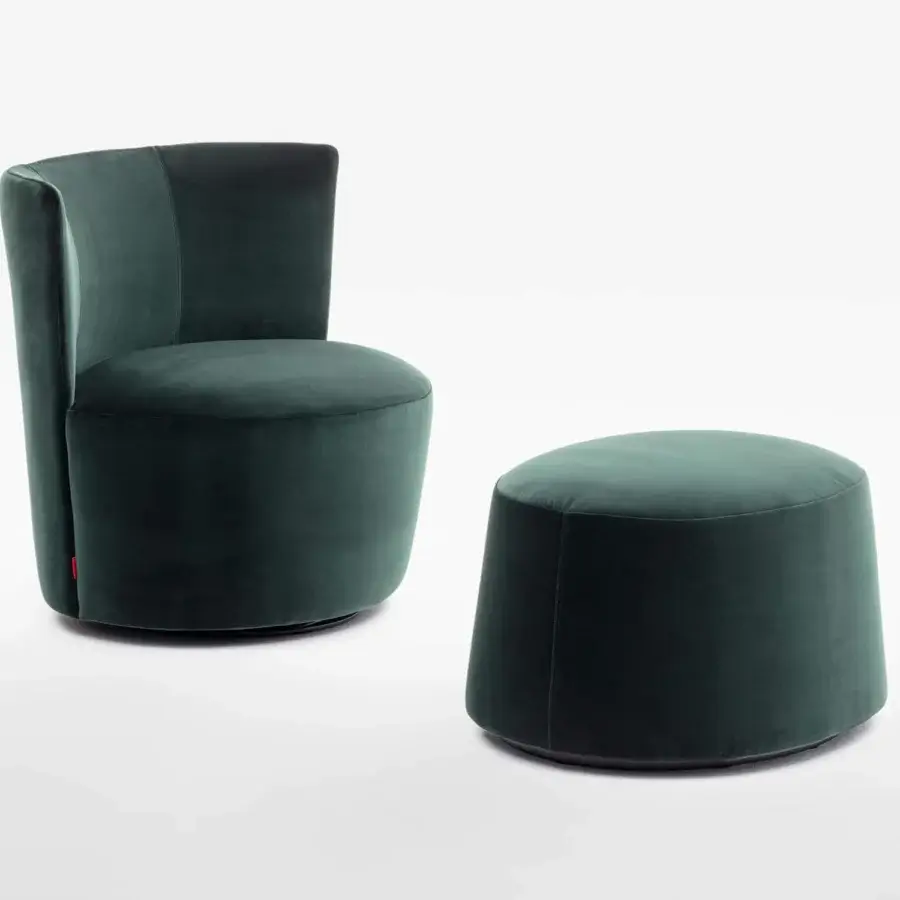Lavish Verzelloni Emily lounge chair upholstered in dark green textile with metal, solid wood and plywood structure