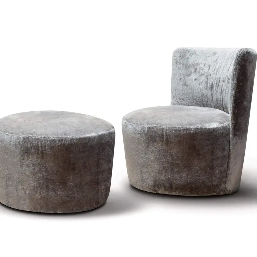 Distinguished Verzelloni Emily lounge chair upholstered in muted gray textile with metal, solid wood, and plywood structure