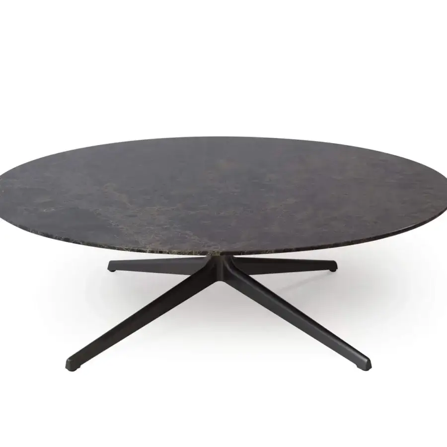 Exclusive Verzelloni Antero coffee table with round Black Marquina marble top and bronze lacquered aluminum base