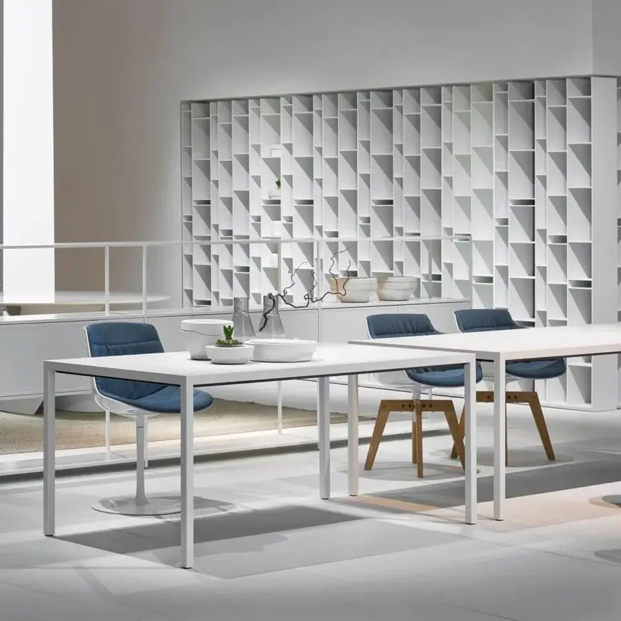 Superior MDF Italia Random bookcase built with medium density wood fibre boards in a repeating grid with matte finish